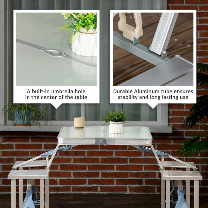 Outdoor Aluminum Suitcase Portable Folding Picnic Table with Bench & Umbrella Hole