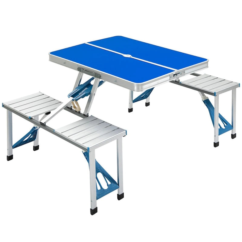 Outdoor Aluminum Suitcase Portable Folding Picnic Table with Bench & Umbrella Hole