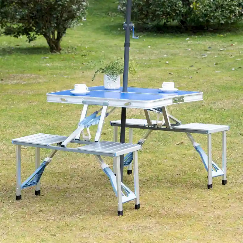 Outdoor Aluminum Suitcase Portable Folding Picnic Table with Bench & Umbrella Hole
