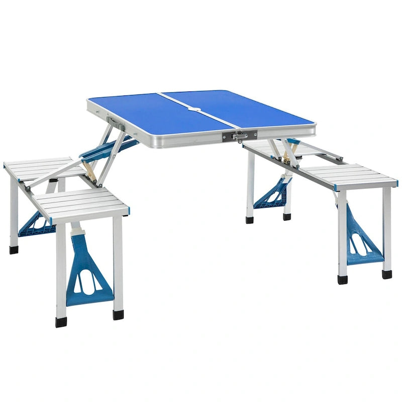 Outdoor Aluminum Suitcase Portable Folding Picnic Table with Bench & Umbrella Hole