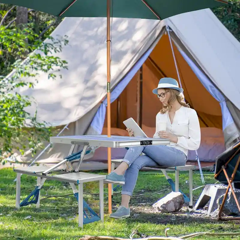 Outdoor Aluminum Suitcase Portable Folding Picnic Table with Bench & Umbrella Hole