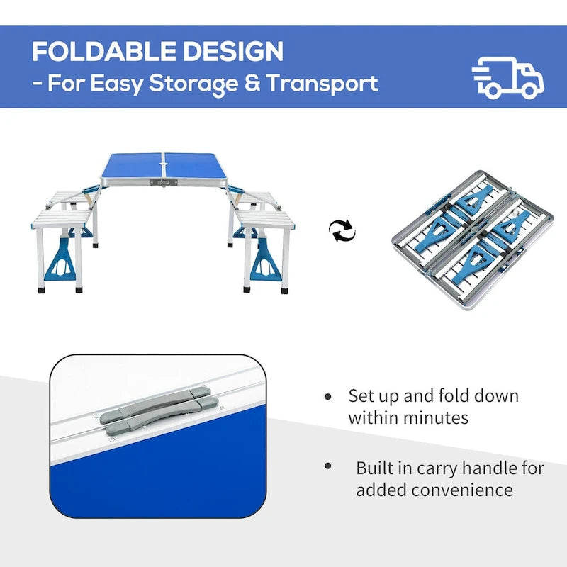 Outdoor Aluminum Suitcase Portable Folding Picnic Table with Bench & Umbrella Hole