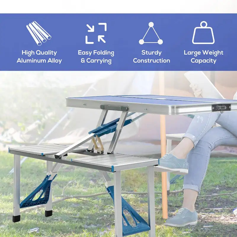 Outdoor Aluminum Suitcase Portable Folding Picnic Table with Bench & Umbrella Hole