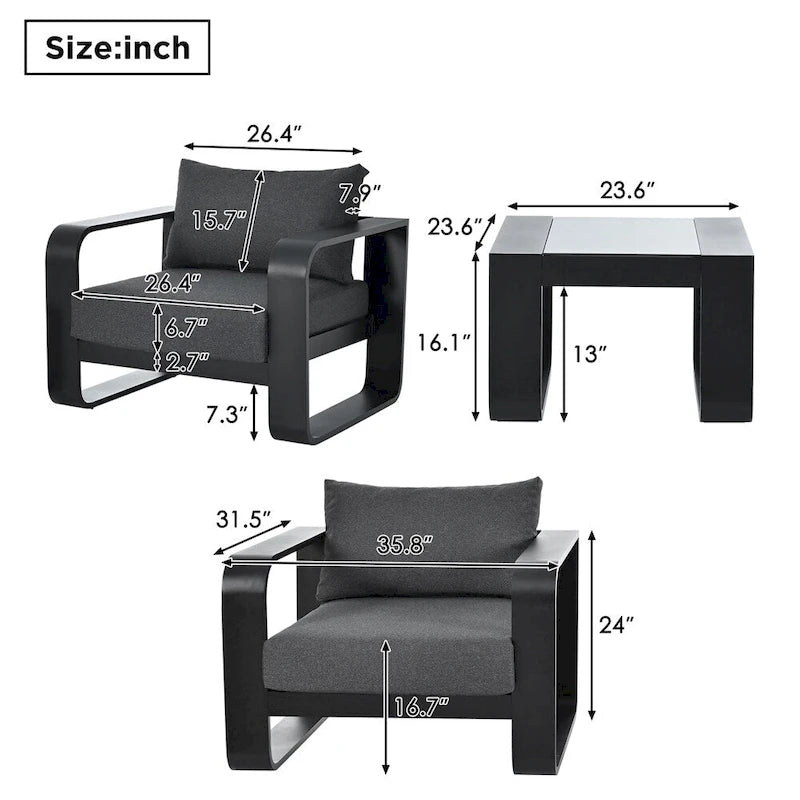 3 Pieces Aluminum Patio Furniture with Cushion and Coffee Table