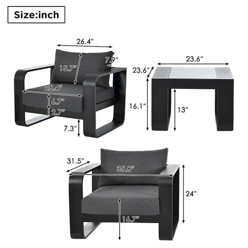 3 Pieces Aluminum Patio Furniture with Cushion and Coffee Table
