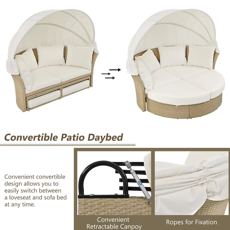 Outdoor Wicker Rattan Double Daybed with Canopy & 4 Pillows
