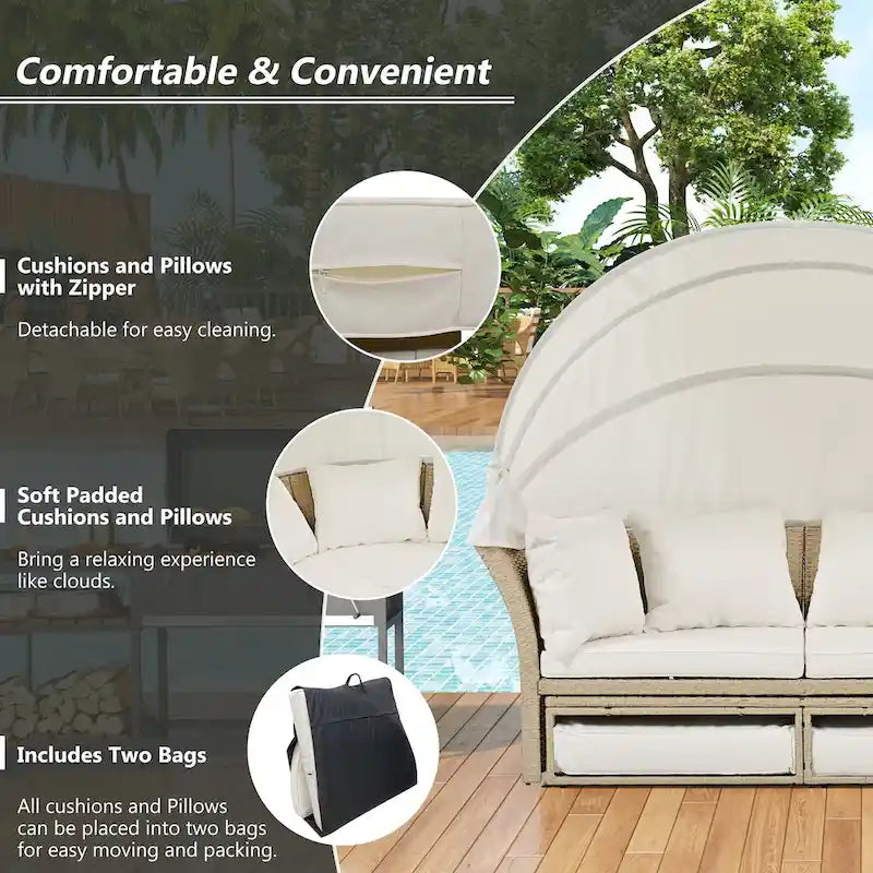 Outdoor Wicker Rattan Double Daybed with Canopy & 4 Pillows