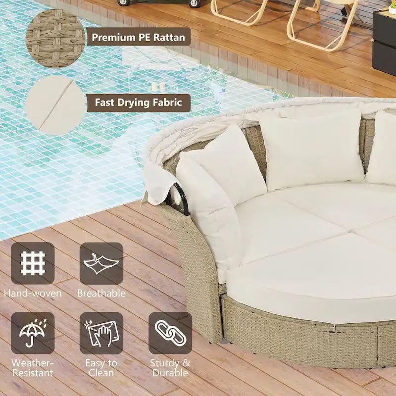 Outdoor Wicker Rattan Double Daybed with Canopy & 4 Pillows