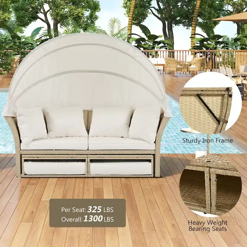 Outdoor Wicker Rattan Double Daybed with Canopy & 4 Pillows