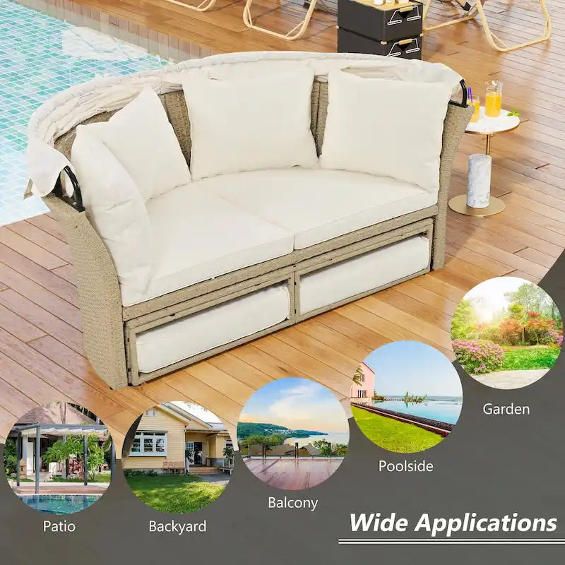 Outdoor Wicker Rattan Double Daybed with Canopy & 4 Pillows