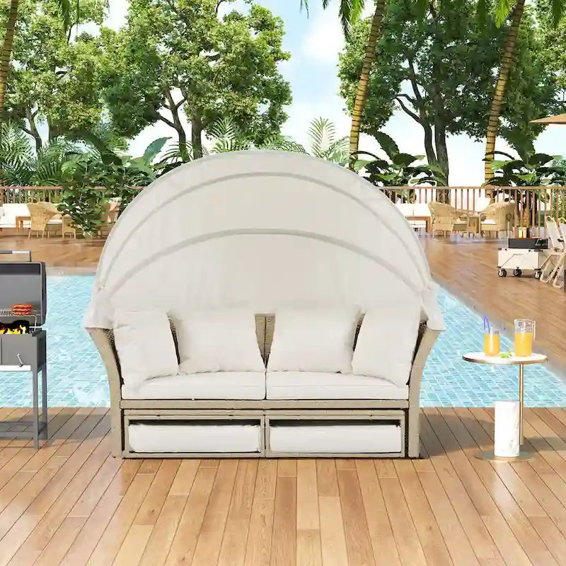 Outdoor Wicker Rattan Double Daybed with Canopy & 4 Pillows