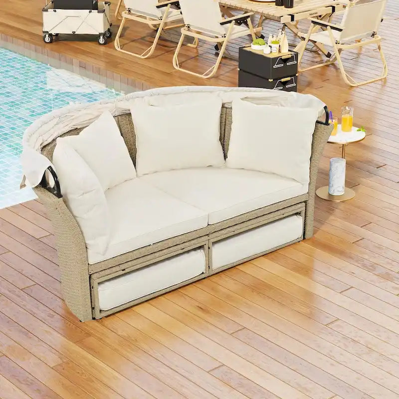 Outdoor Wicker Rattan Double Daybed with Canopy & 4 Pillows