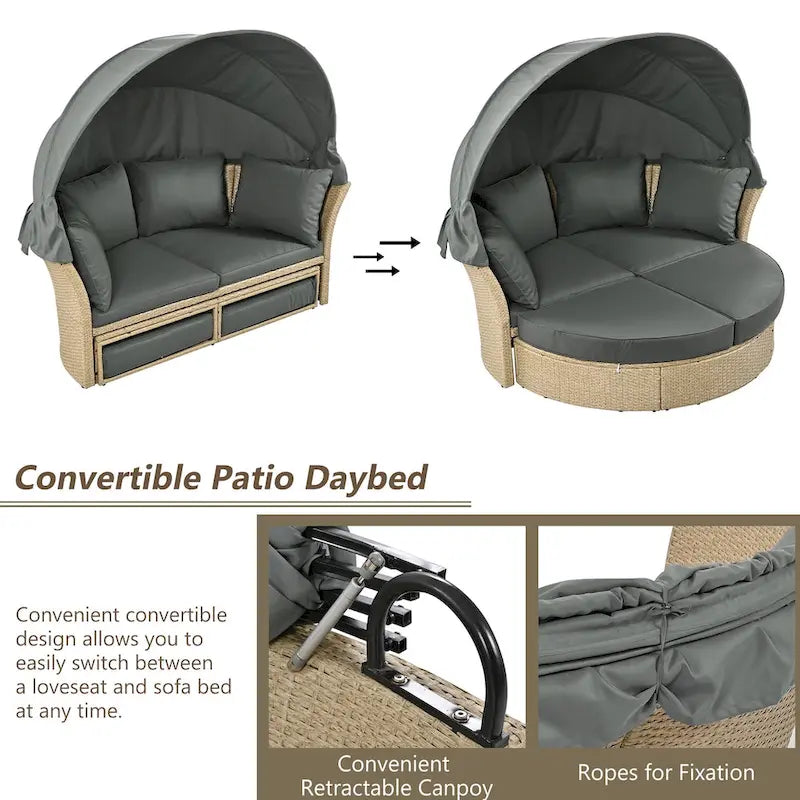 Outdoor Wicker Rattan Double Daybed with Canopy & 4 Pillows