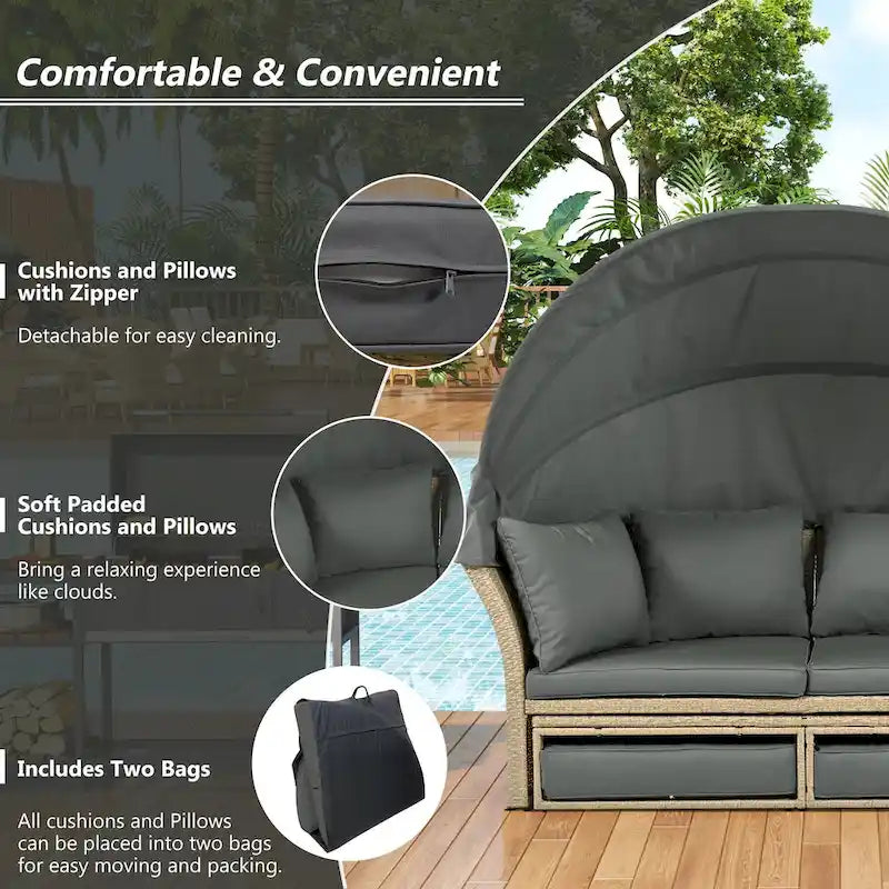 Outdoor Wicker Rattan Double Daybed with Canopy & 4 Pillows