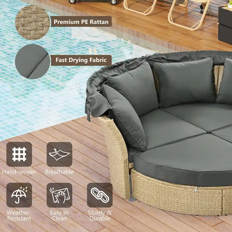 Outdoor Wicker Rattan Double Daybed with Canopy & 4 Pillows