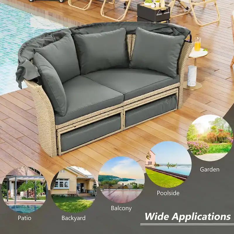 Outdoor Wicker Rattan Double Daybed with Canopy & 4 Pillows