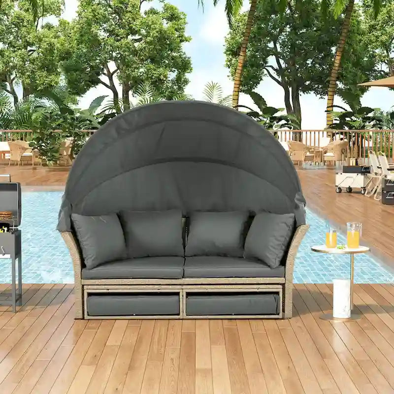 Outdoor Wicker Rattan Double Daybed with Canopy & 4 Pillows