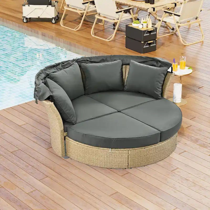 Outdoor Wicker Rattan Double Daybed with Canopy & 4 Pillows