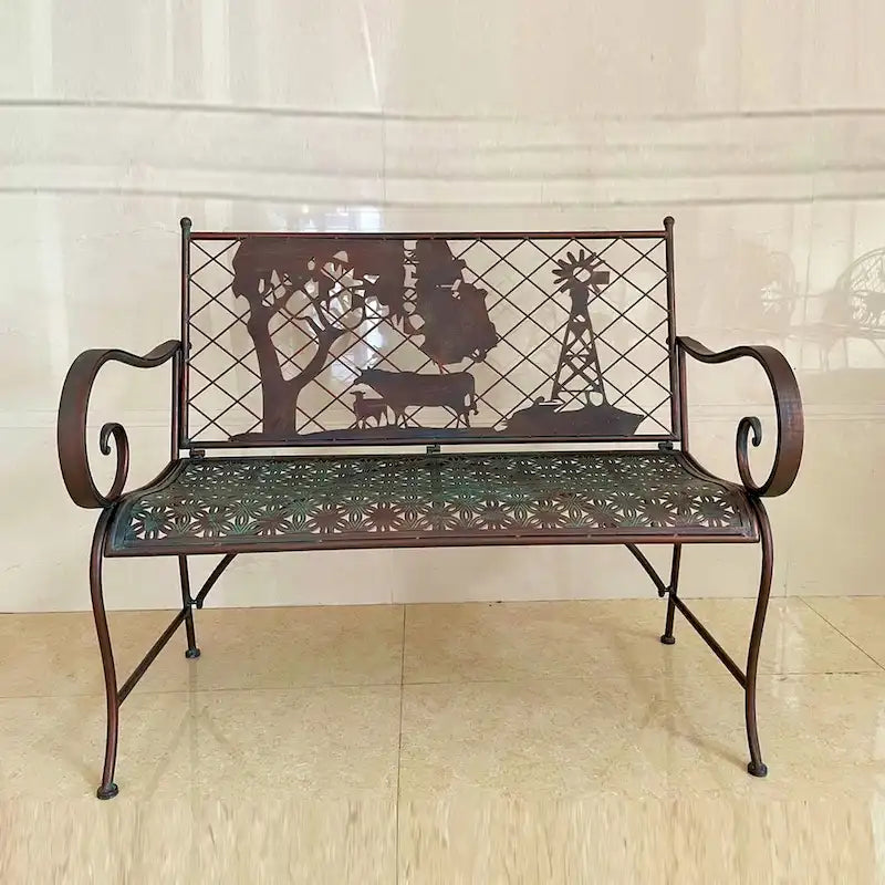 Rectangular Outdoor Bench with Cow & Windmill Silhouette  Strasburg  - 43.7  L x 20.47  W x 37.01  H
