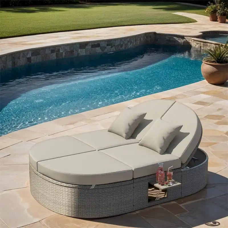 Outdoor Rattan Daybed with Adjustable Backrests and Foldable Cup Trays