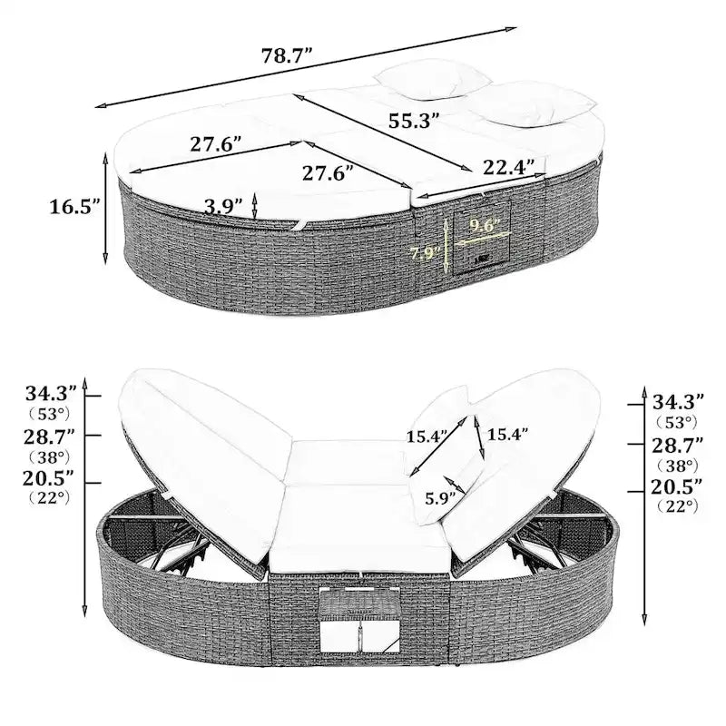 Outdoor Rattan Daybed with Adjustable Backrests and Foldable Cup Trays