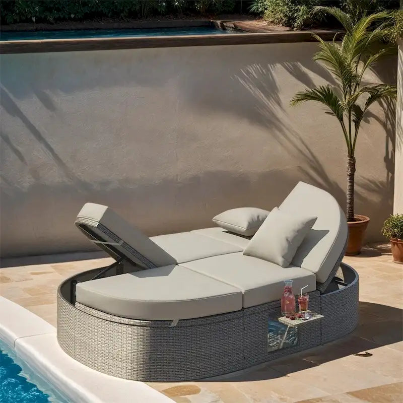 Outdoor Rattan Daybed with Adjustable Backrests and Foldable Cup Trays