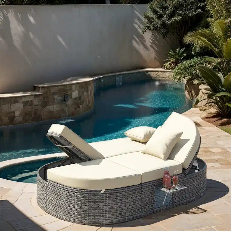 Outdoor Rattan Daybed with Adjustable Backrests and Foldable Cup Trays