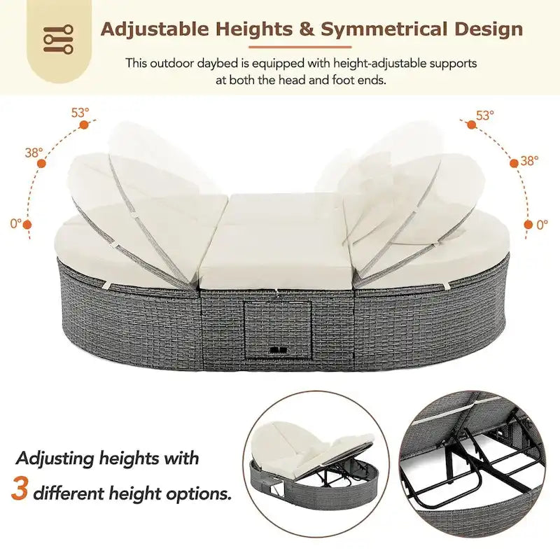 Outdoor Rattan Daybed with Adjustable Backrests and Foldable Cup Trays