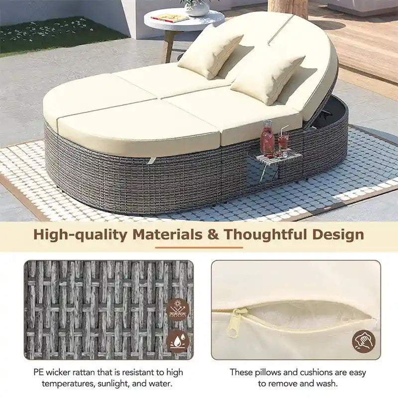 Outdoor Rattan Daybed with Adjustable Backrests and Foldable Cup Trays