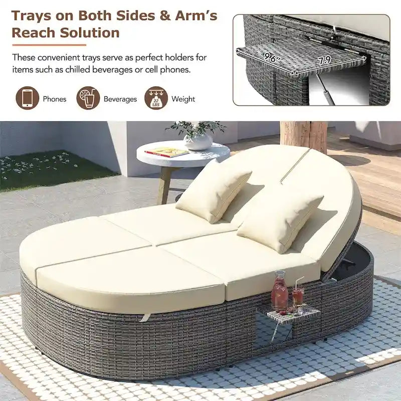 Outdoor Rattan Daybed with Adjustable Backrests and Foldable Cup Trays