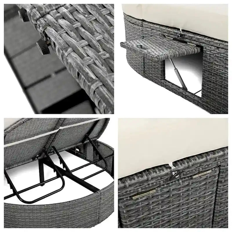 Outdoor Rattan Daybed with Adjustable Backrests and Foldable Cup Trays