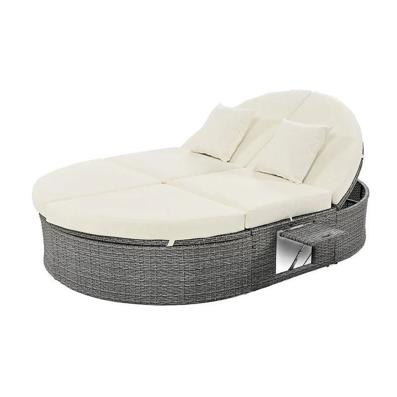 Outdoor Rattan Daybed with Adjustable Backrests and Foldable Cup Trays