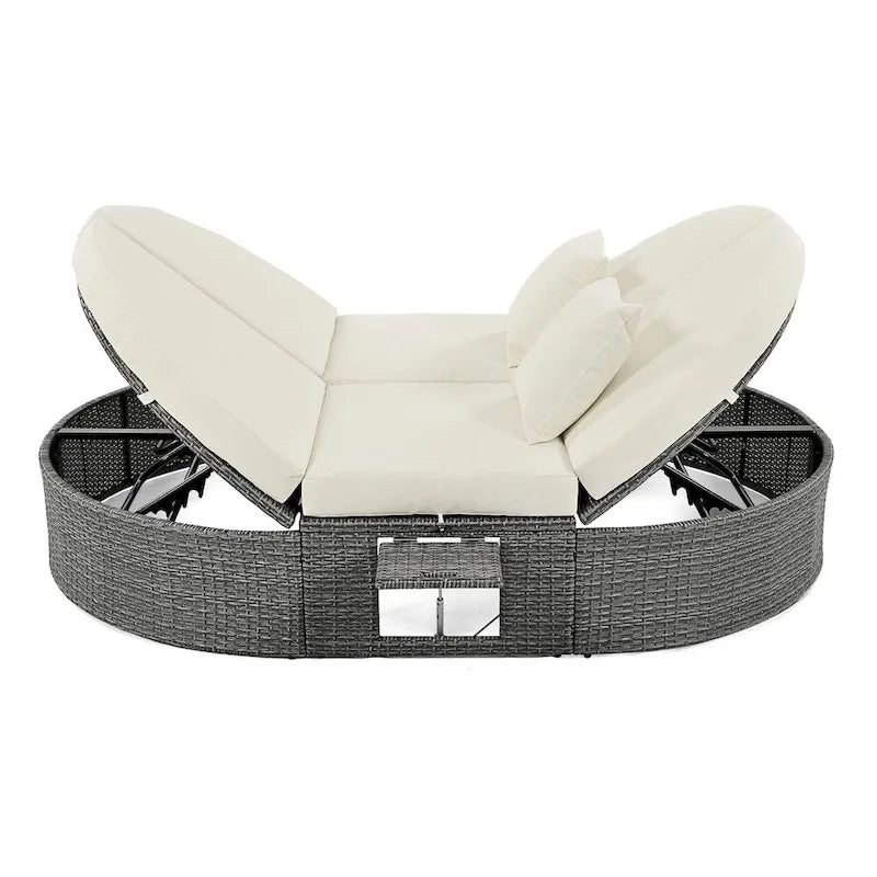 Outdoor Rattan Daybed with Adjustable Backrests and Foldable Cup Trays