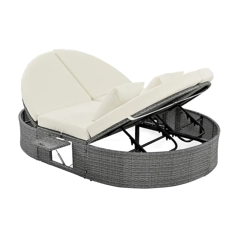 Outdoor Rattan Daybed with Adjustable Backrests and Foldable Cup Trays