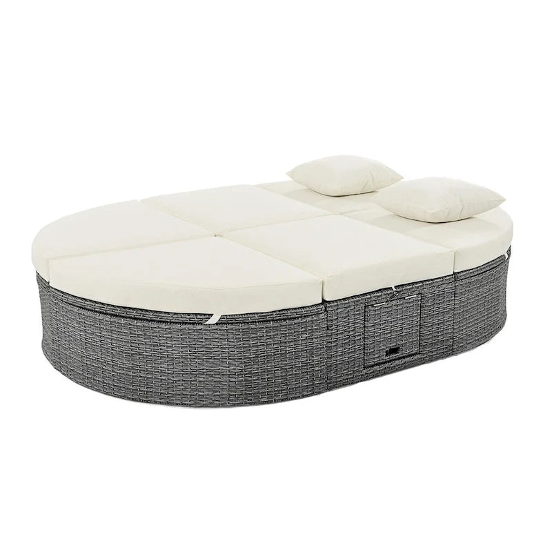 Outdoor Rattan Daybed with Adjustable Backrests and Foldable Cup Trays