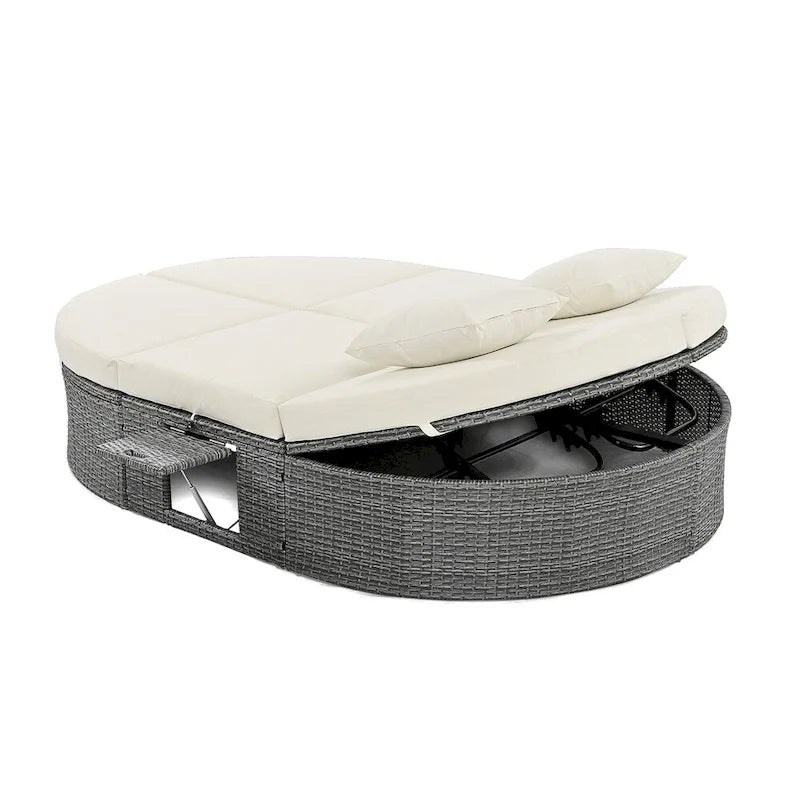 Outdoor Rattan Daybed with Adjustable Backrests and Foldable Cup Trays