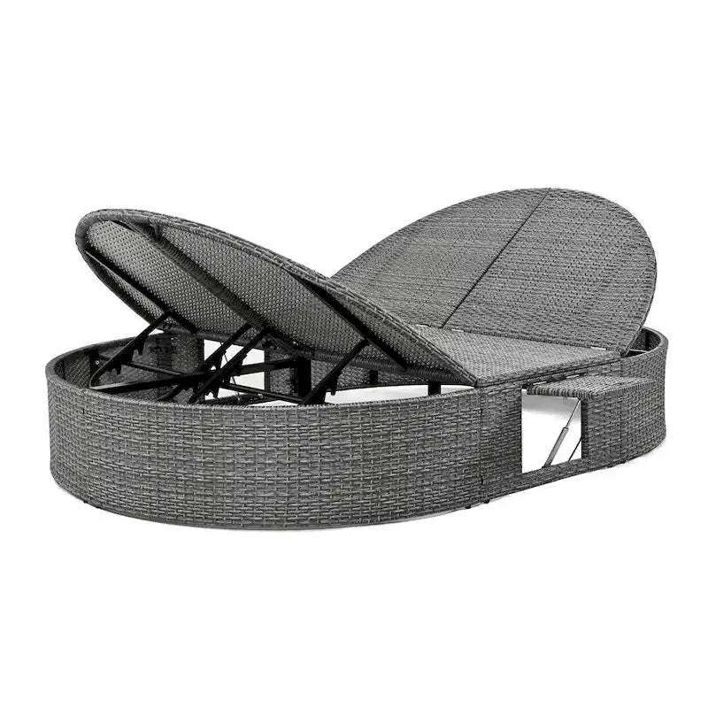 Outdoor Rattan Daybed with Adjustable Backrests and Foldable Cup Trays