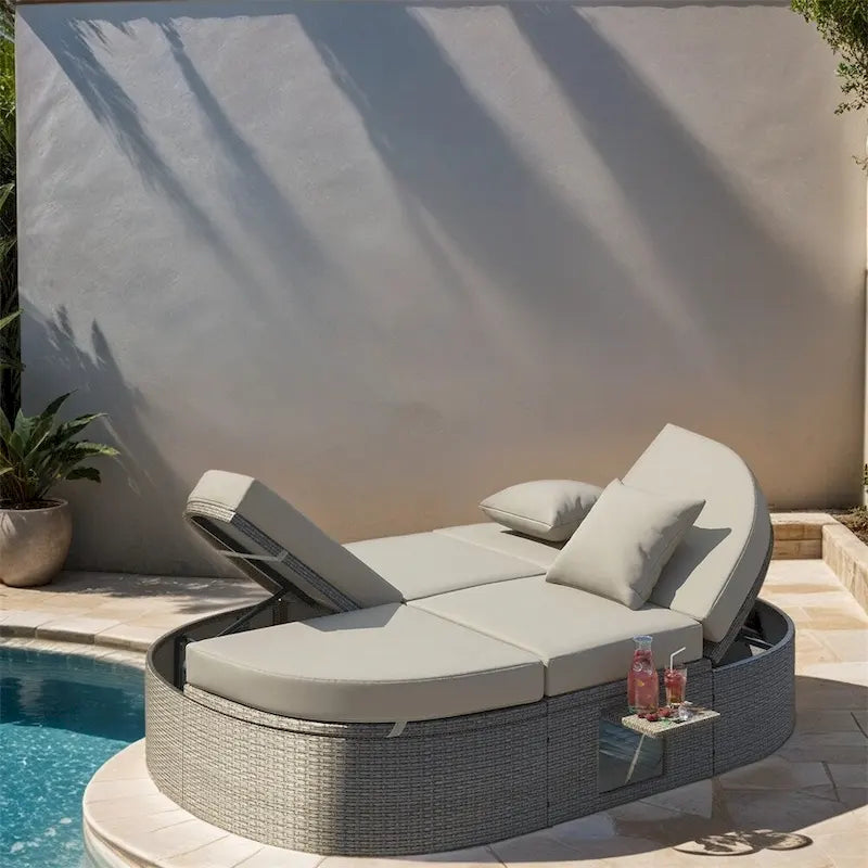 Outdoor Rattan Daybed with Adjustable Backrests and Foldable Cup Trays