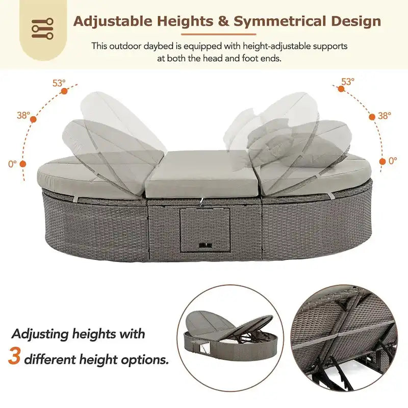 Outdoor Rattan Daybed with Adjustable Backrests and Foldable Cup Trays