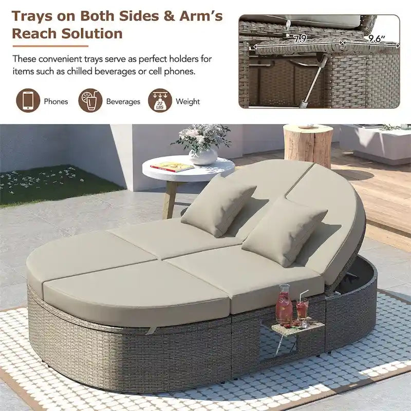 Outdoor Rattan Daybed with Adjustable Backrests and Foldable Cup Trays