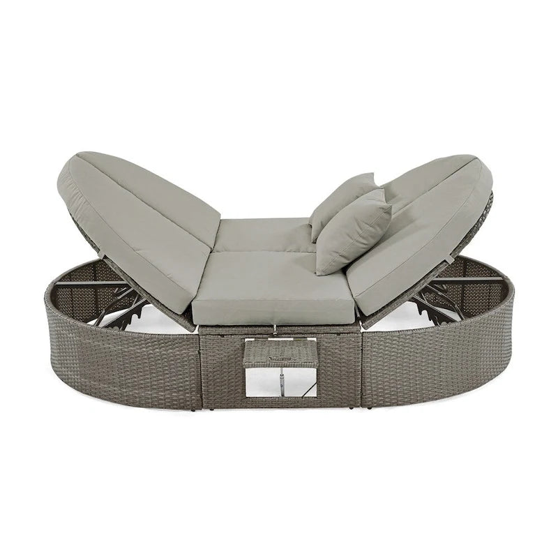 Outdoor Rattan Daybed with Adjustable Backrests and Foldable Cup Trays