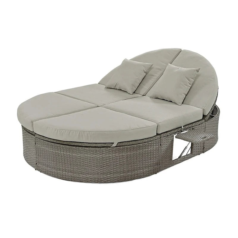 Outdoor Rattan Daybed with Adjustable Backrests and Foldable Cup Trays