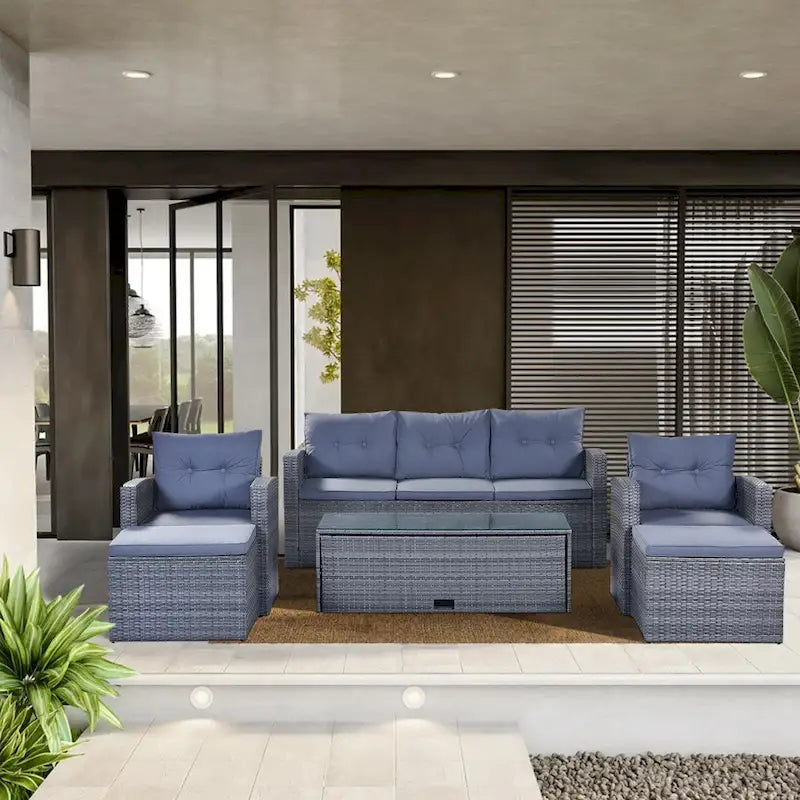 6-Piece Outdoor Patio Furniture Sets Wicker Rattan Sectional Couch Sofa Set with Coffee Table