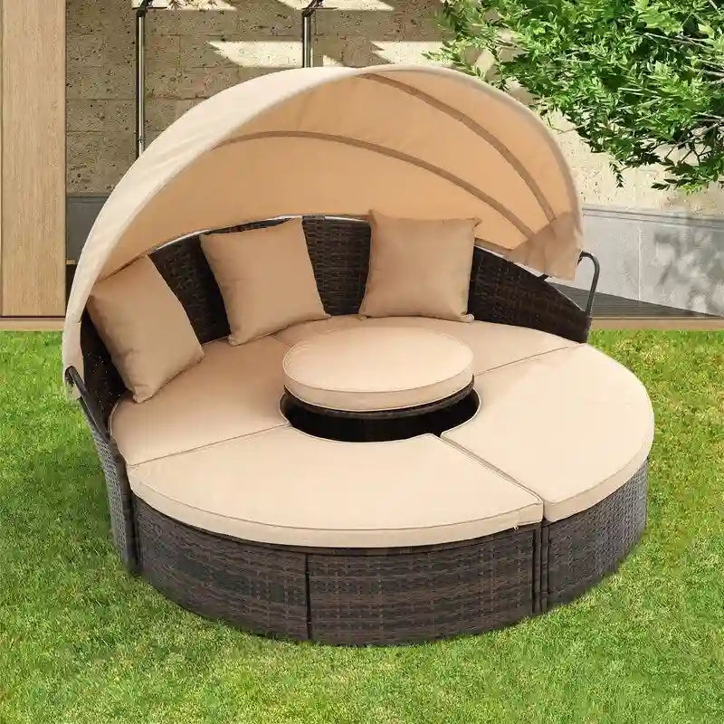Outdoor Wicker Rattan Round Daybed With Canopy,Coffee Table