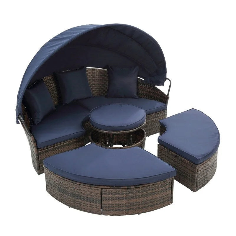 Outdoor Wicker Rattan Round Daybed With Canopy,Coffee Table