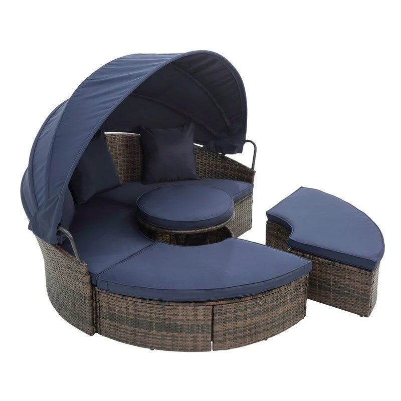 Outdoor Wicker Rattan Round Daybed With Canopy,Coffee Table