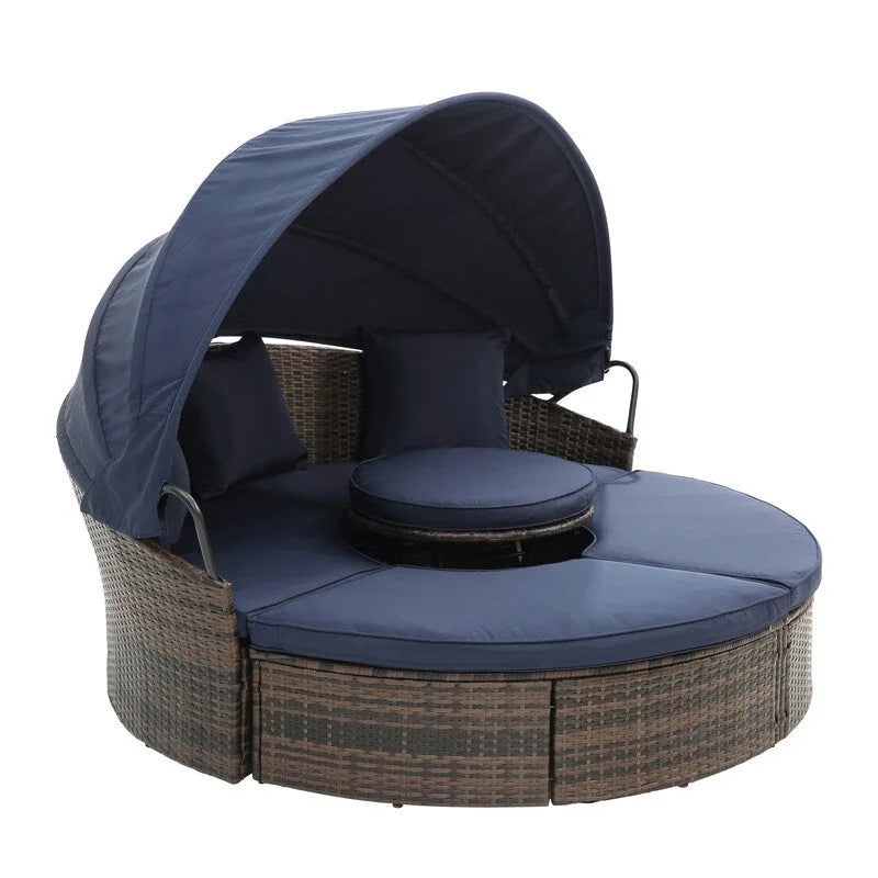 Outdoor Wicker Rattan Round Daybed With Canopy,Coffee Table