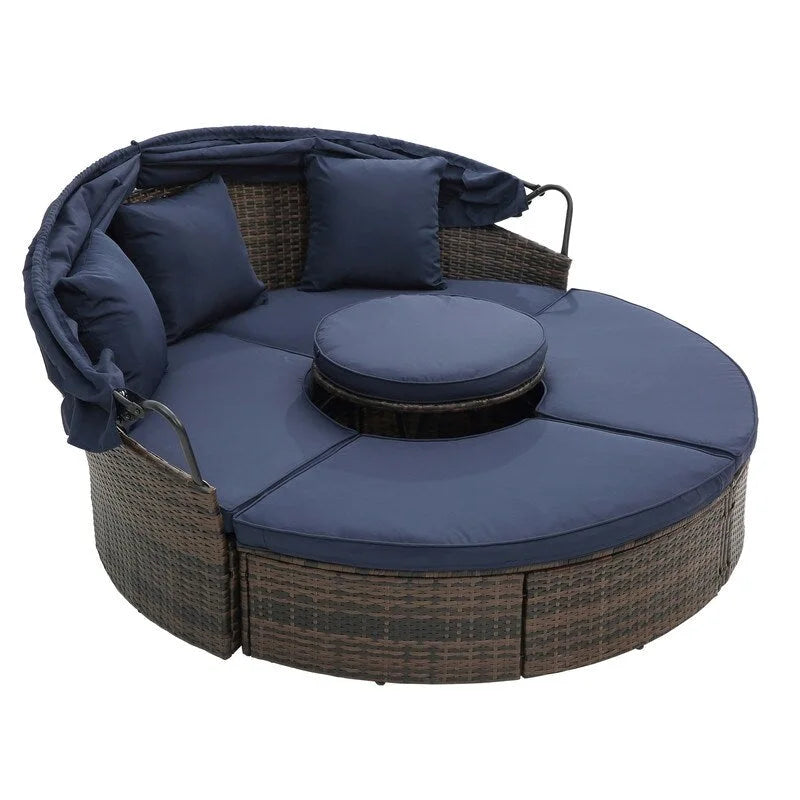 Outdoor Wicker Rattan Round Daybed With Canopy,Coffee Table