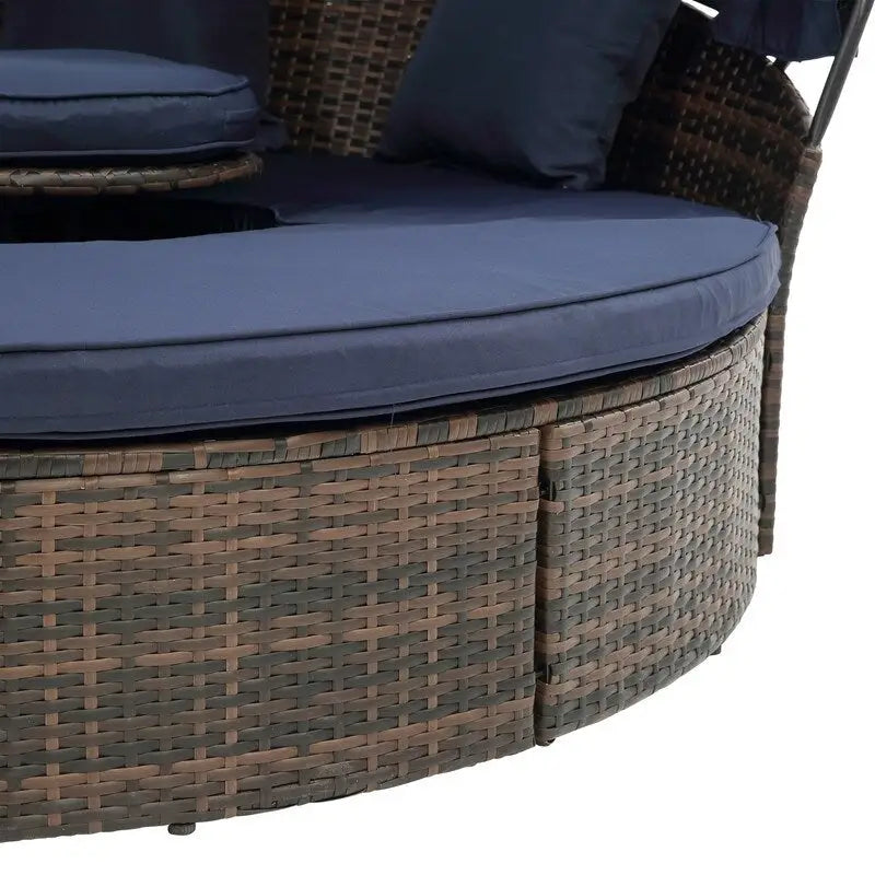 Outdoor Wicker Rattan Round Daybed With Canopy,Coffee Table