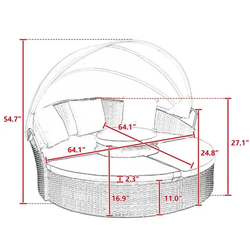 Outdoor Wicker Rattan Round Daybed With Canopy,Coffee Table